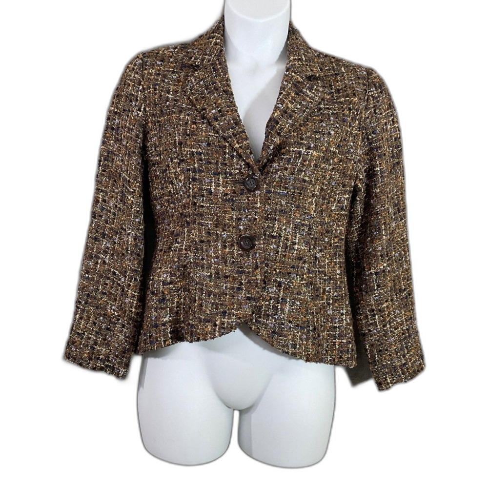 Coldwater Creek Petite Tweed Blazer 12P Brown Gold Metallic Wool Blend  2 Button
